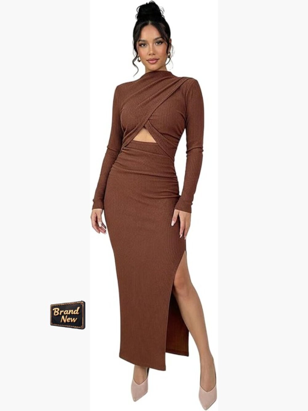 Ruched Bodycon Maxi Dress Mock Neck Long Sleeve Split Fall Cocktail